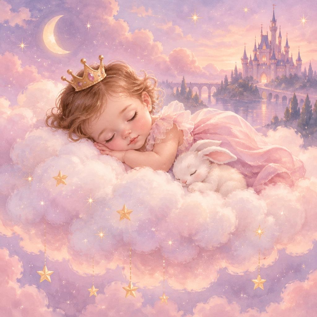 Princesinha Selina dormindo em uma nuvem cor-de-rosa com uma coroa